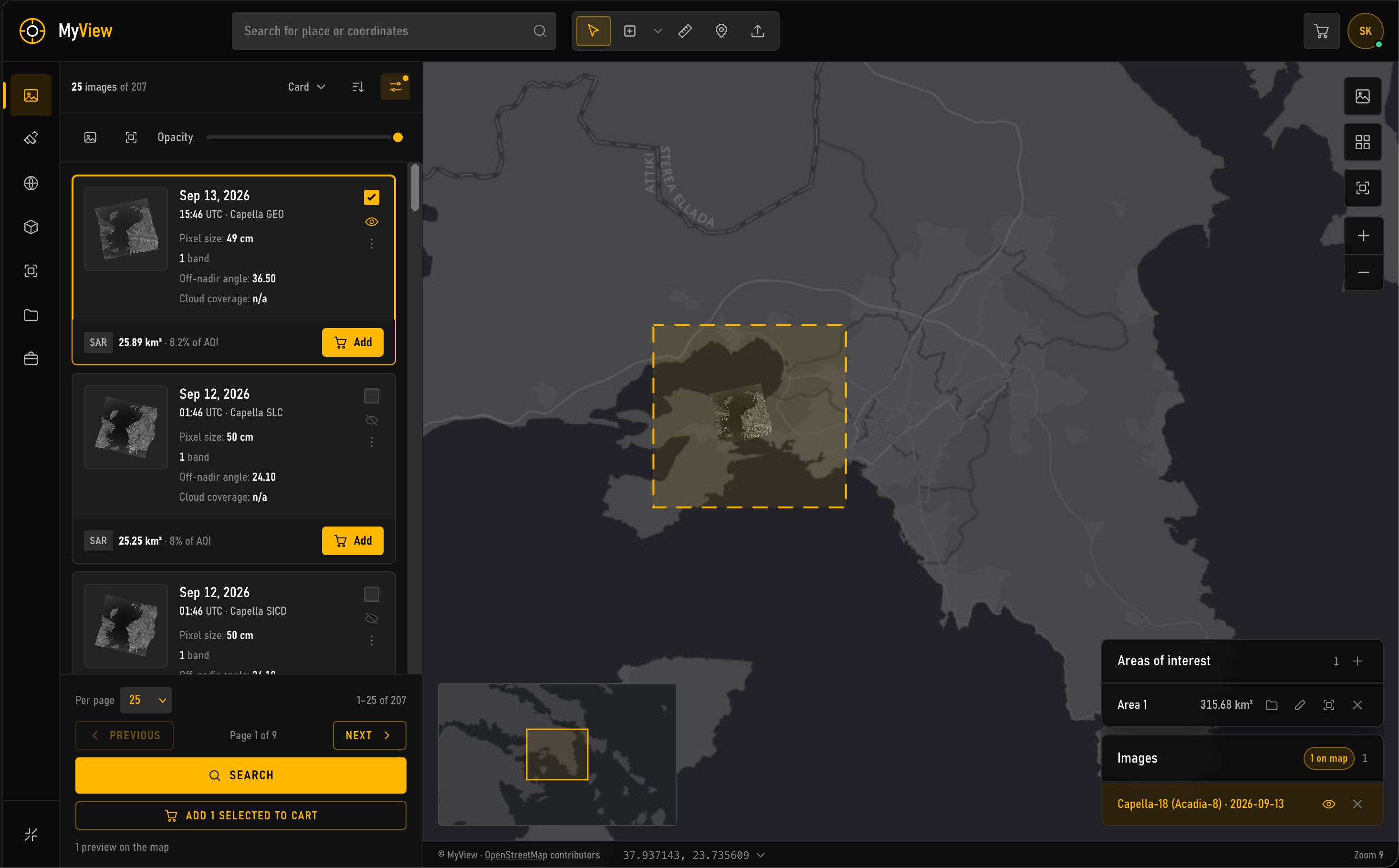 MyView archive results for an area over Attica