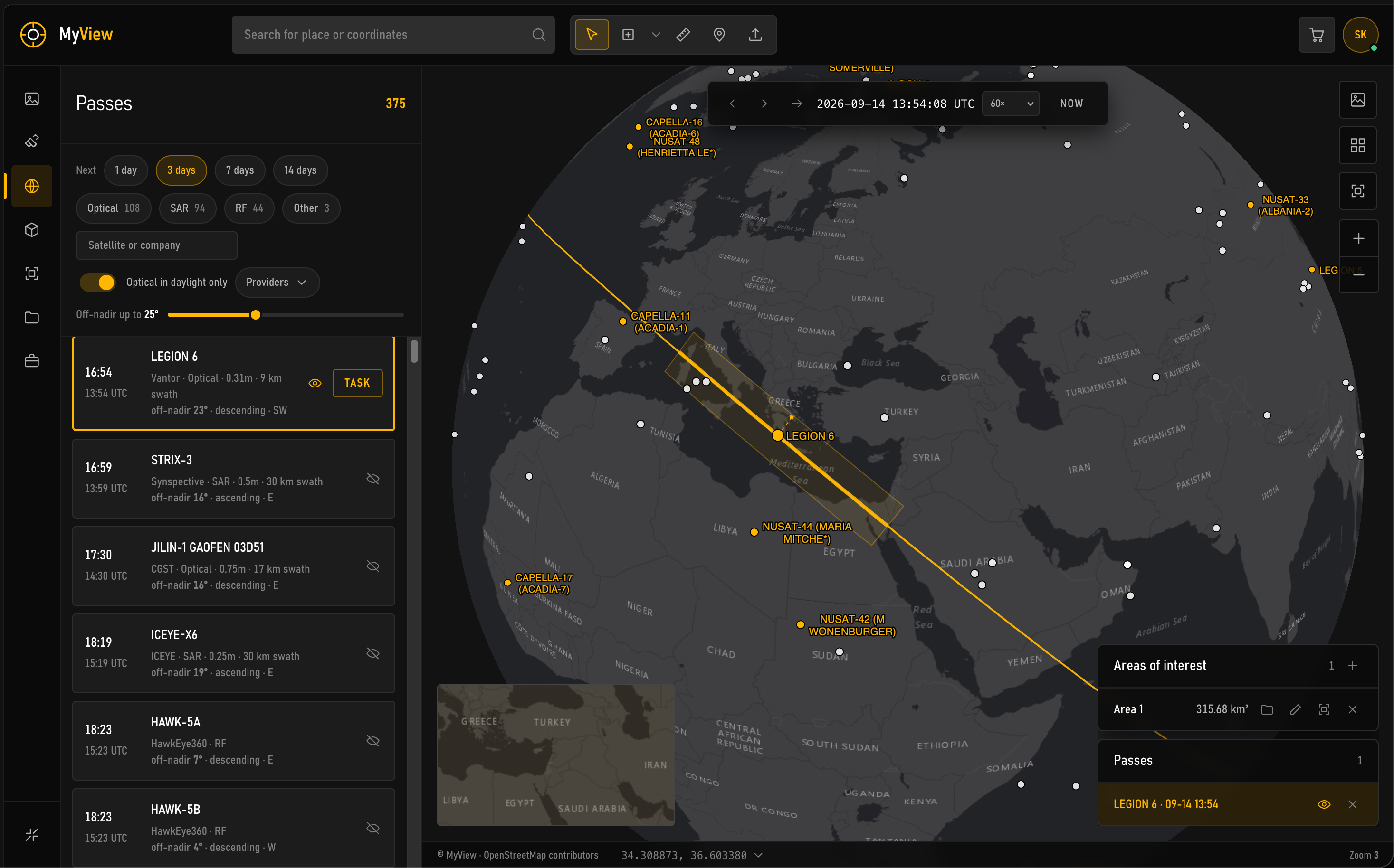 MyView passes list with a swath drawn across the Mediterranean