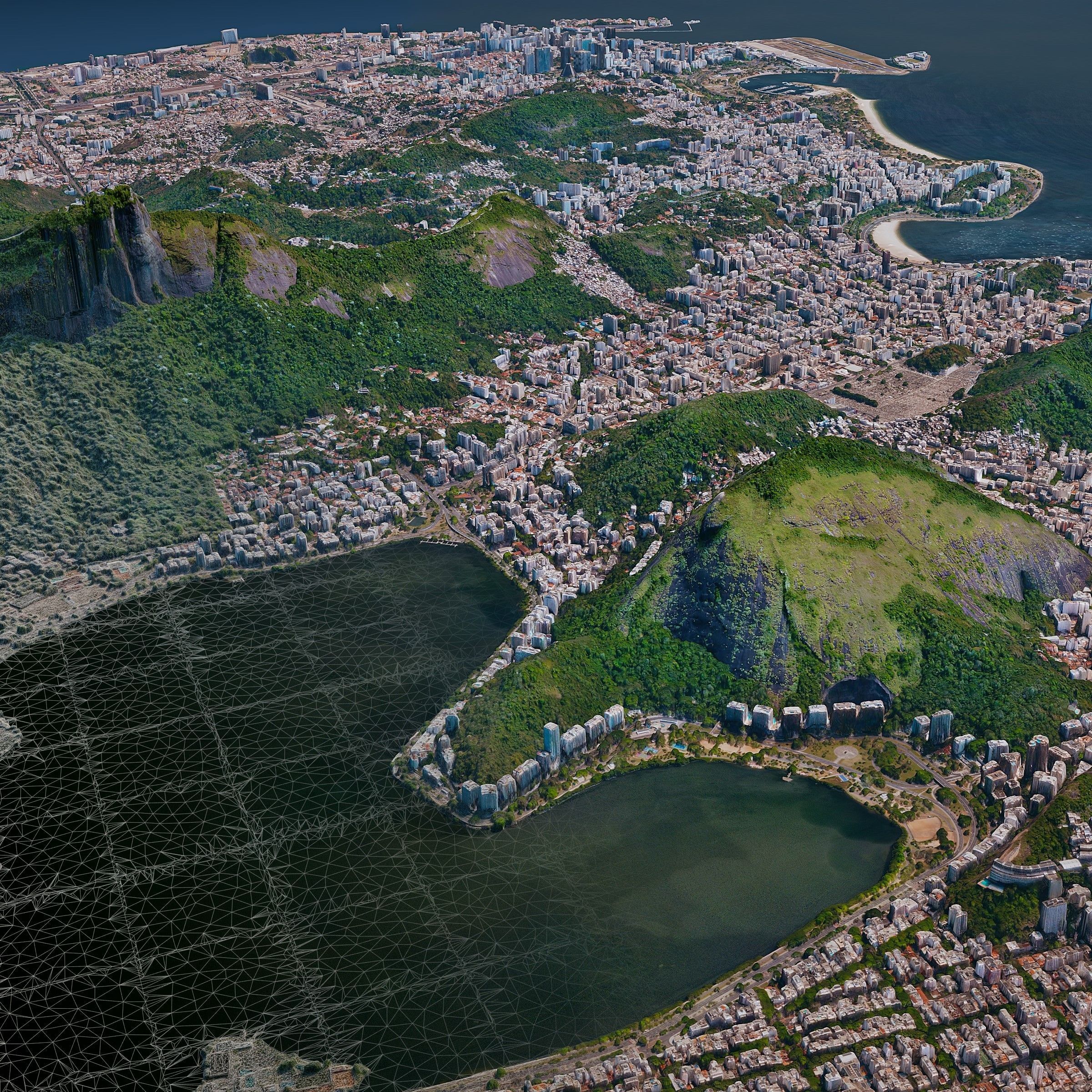 City, hills and lagoon in 3D