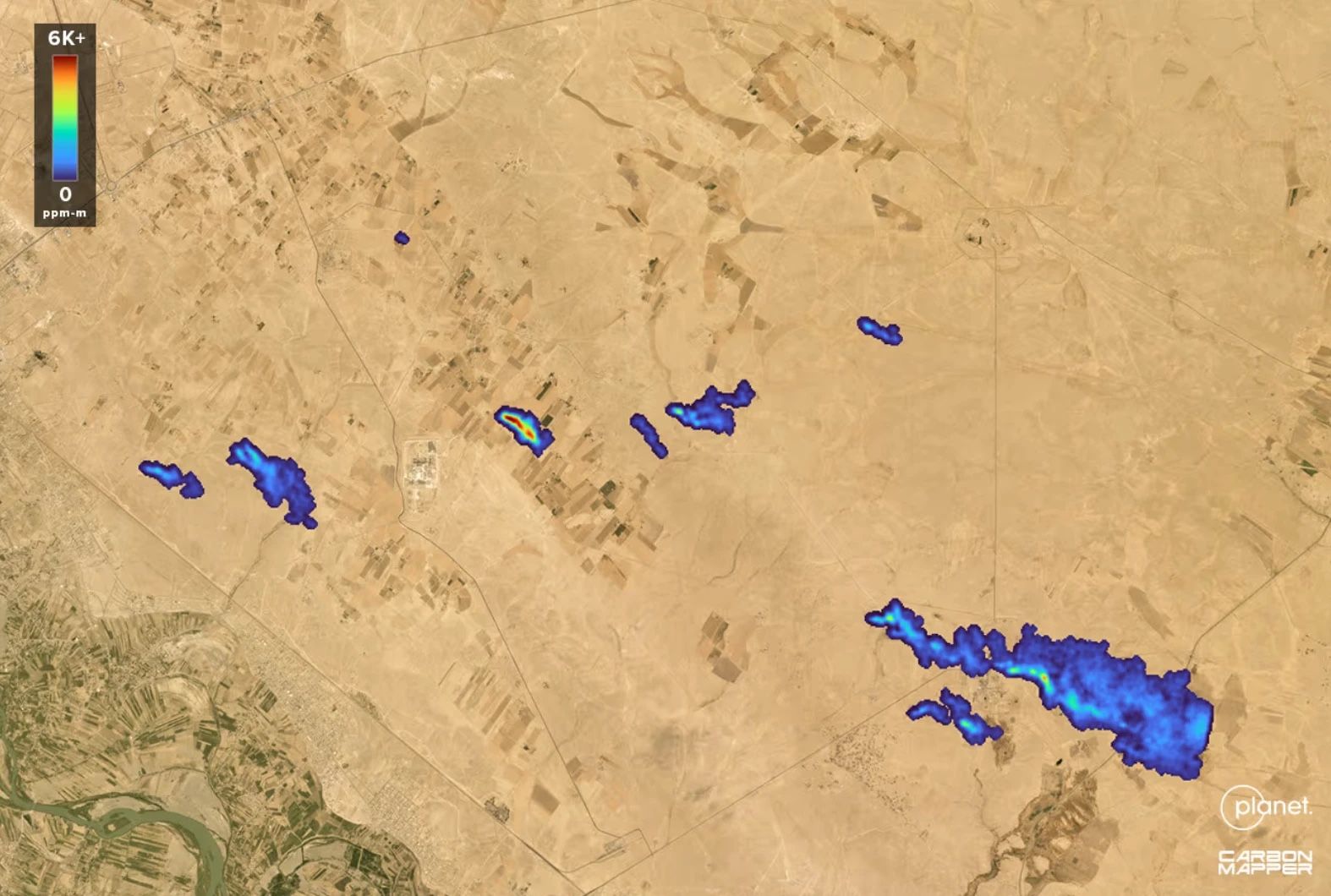 Several methane plumes over arid farmland, Tanager-1
