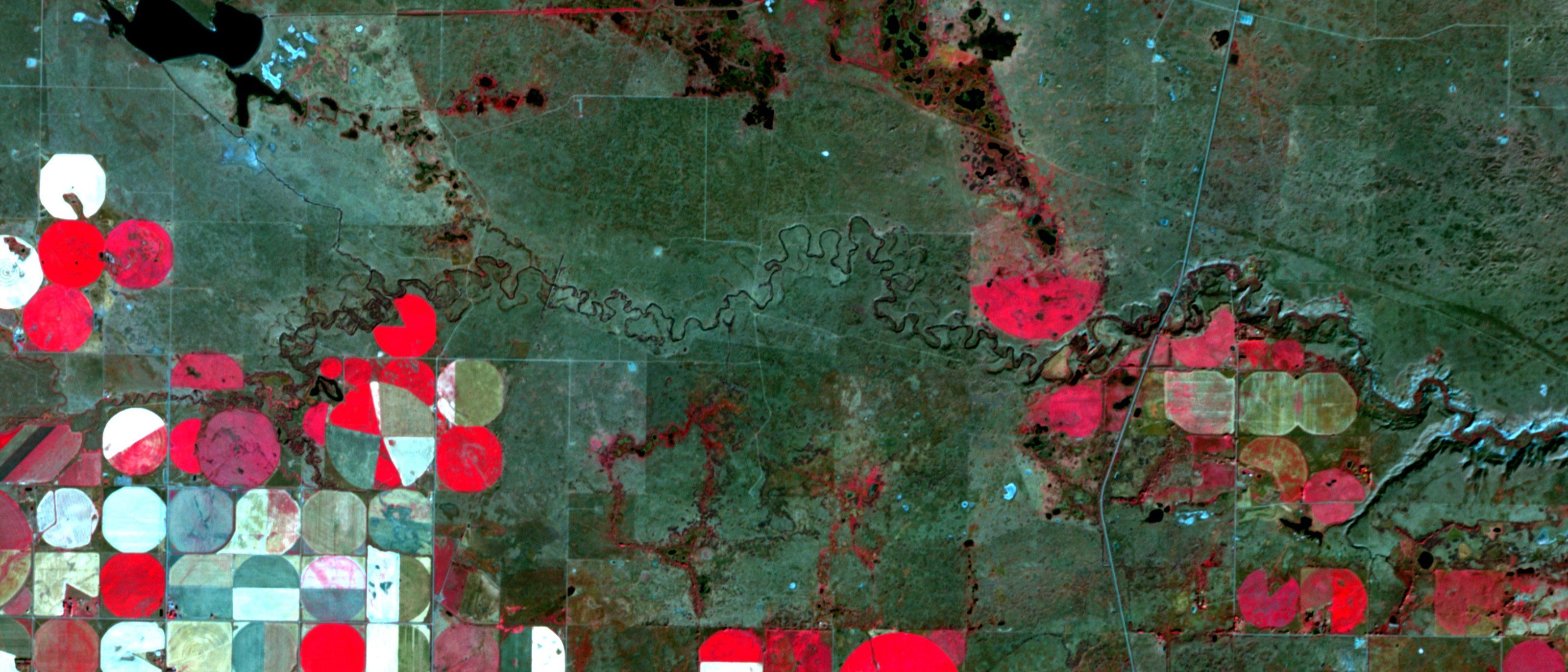 Irrigated plots in rangeland, near-infrared false colour