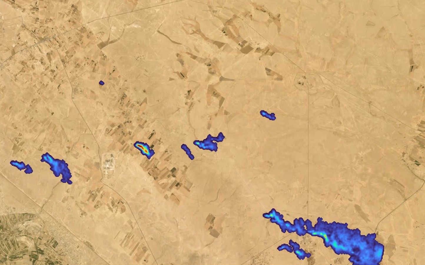 Methane plumes over arid farmland, Tanager-1 imaging spectrometer