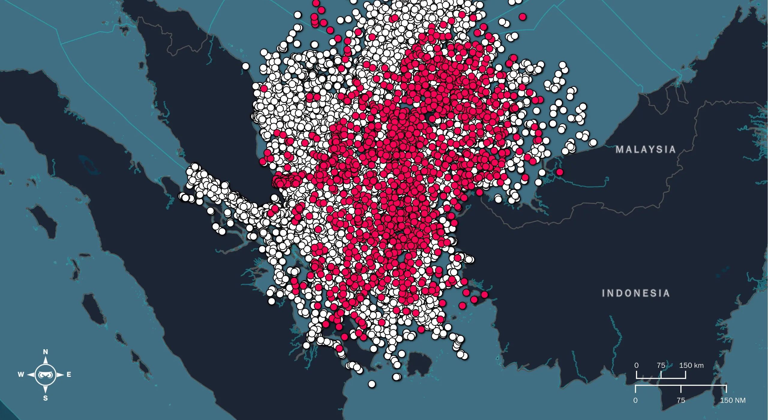 Vessels detected from RF alone, against those also reporting AIS
