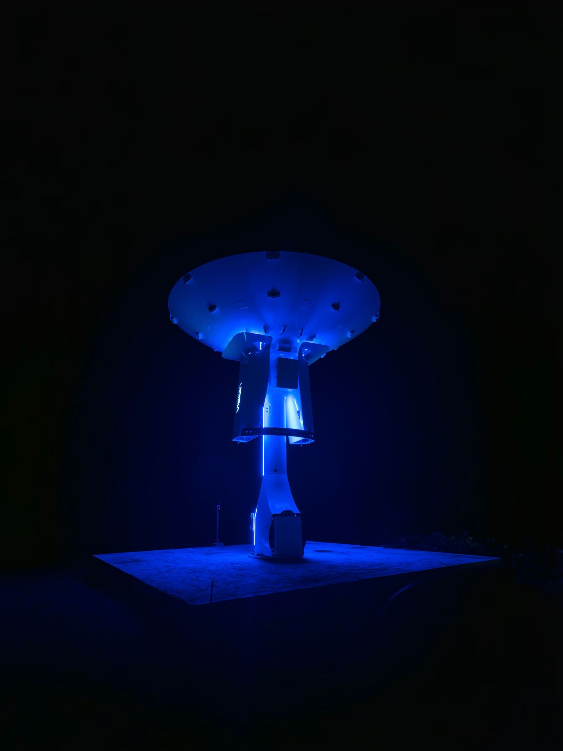 6.1 m S/X/Ka antenna at Kryoneri, lit at night