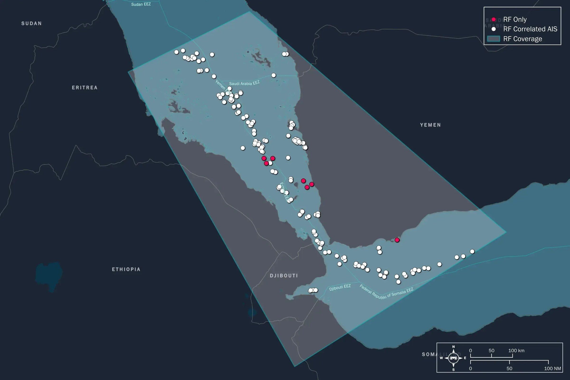 RF detections along a shipping lane, with and without AIS