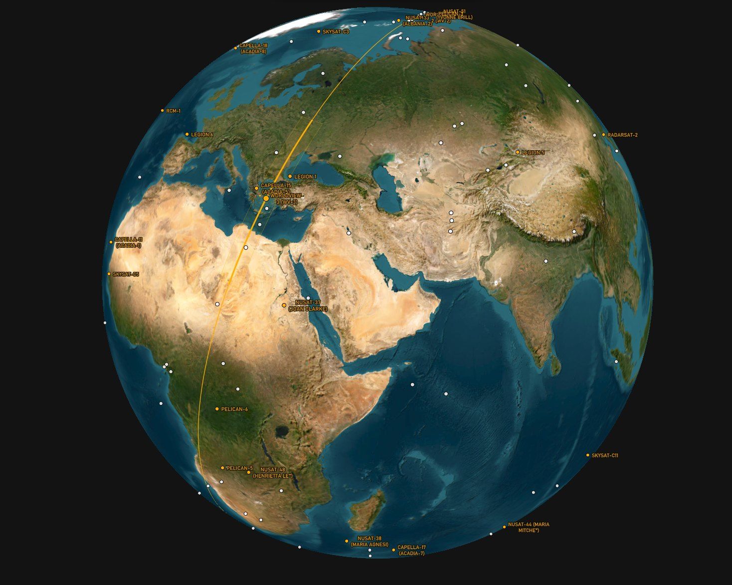 MyView globe: satellites in orbit over Europe, Africa and Asia, with the ground track of WorldView-3