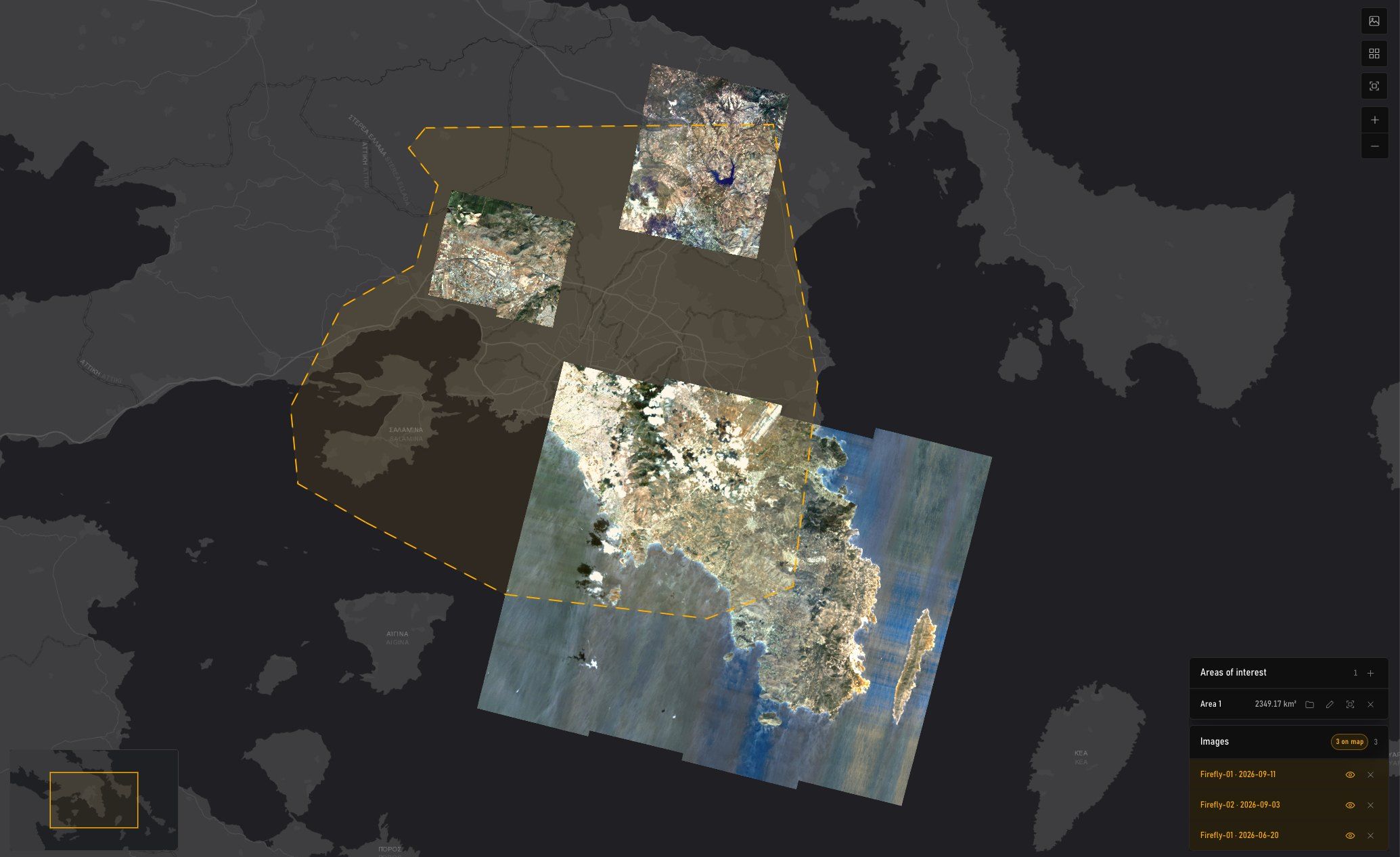 MyView archive search results on the map: Hyperspectral