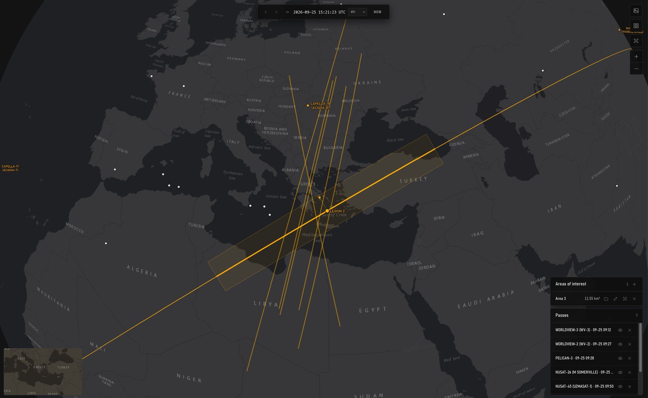 MyView pass map: the swath of Legion 3 drawn across the Mediterranean at the time of the pass