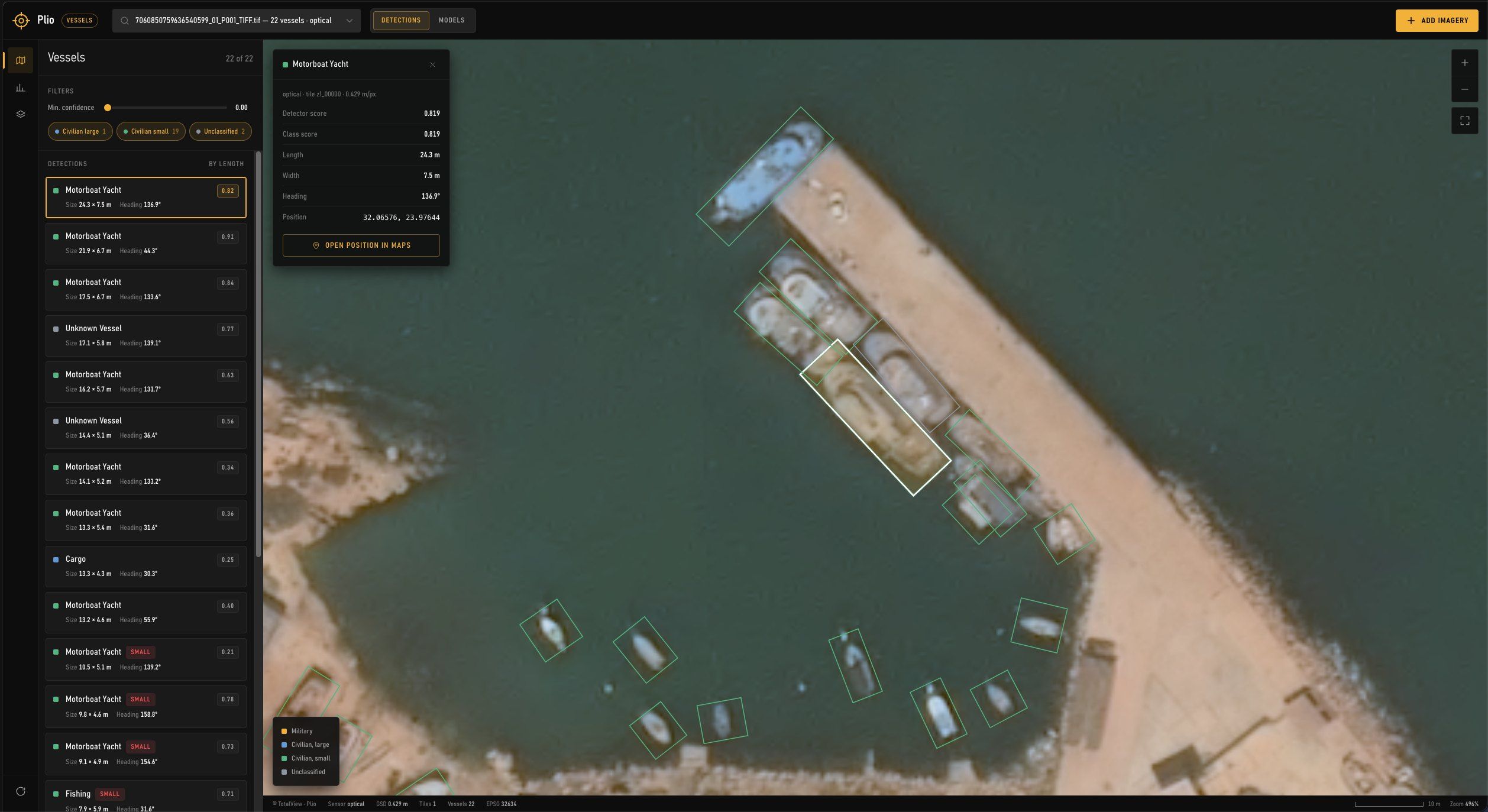 Plio: one vessel selected with its length, width, heading, scores and position