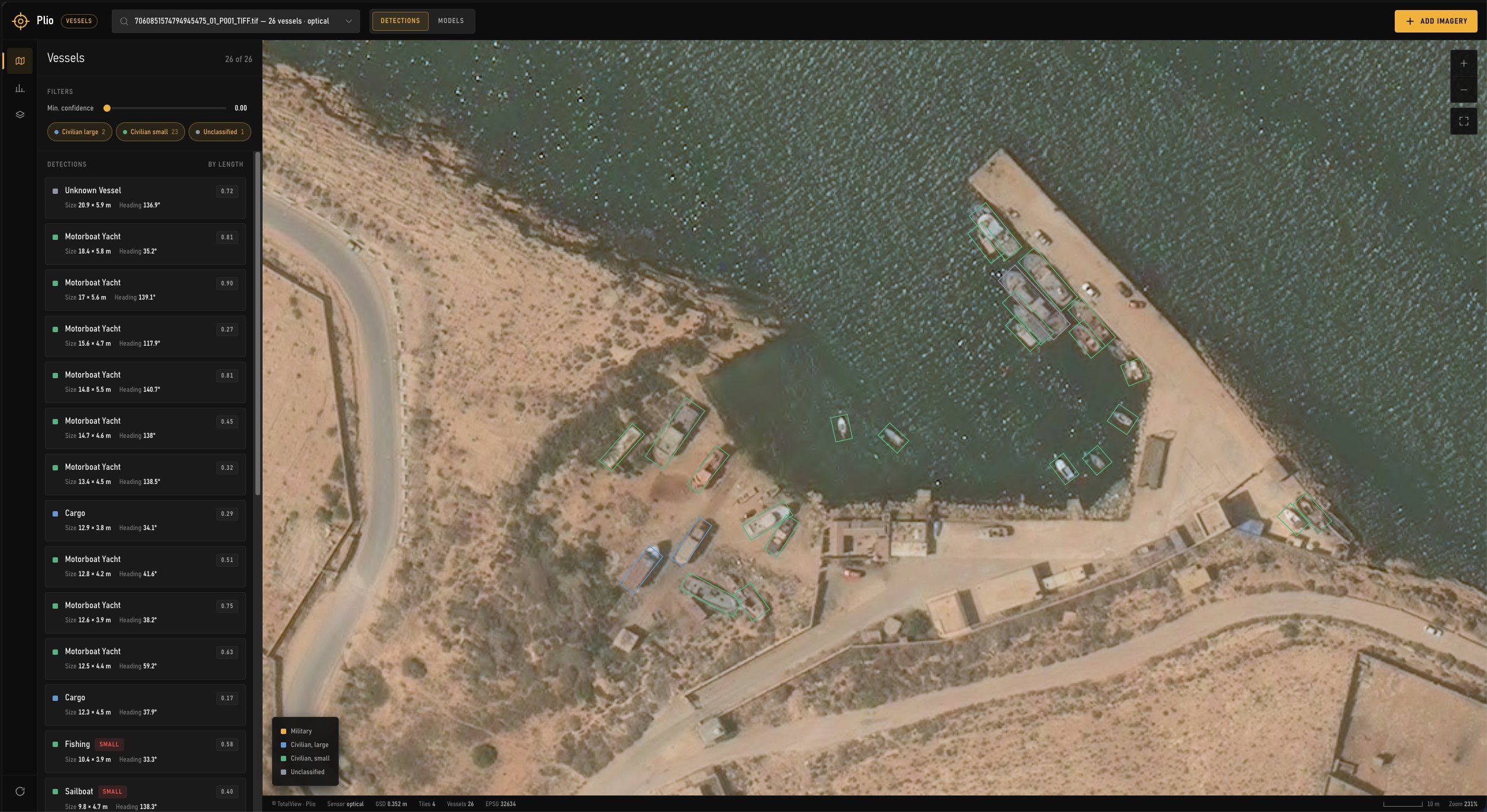 Plio: vessels detected and classified in a harbour on optical imagery
