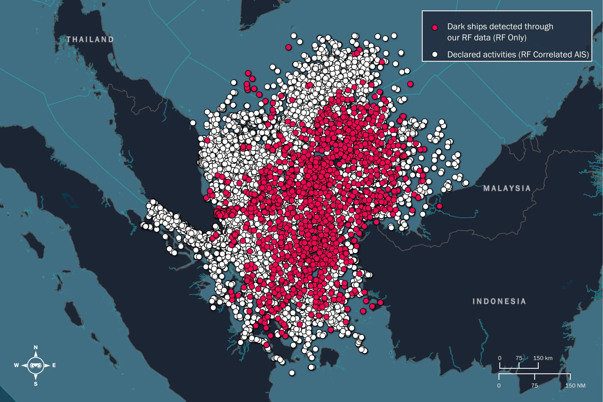 Vessels detected from RF alone, against those also reporting AIS