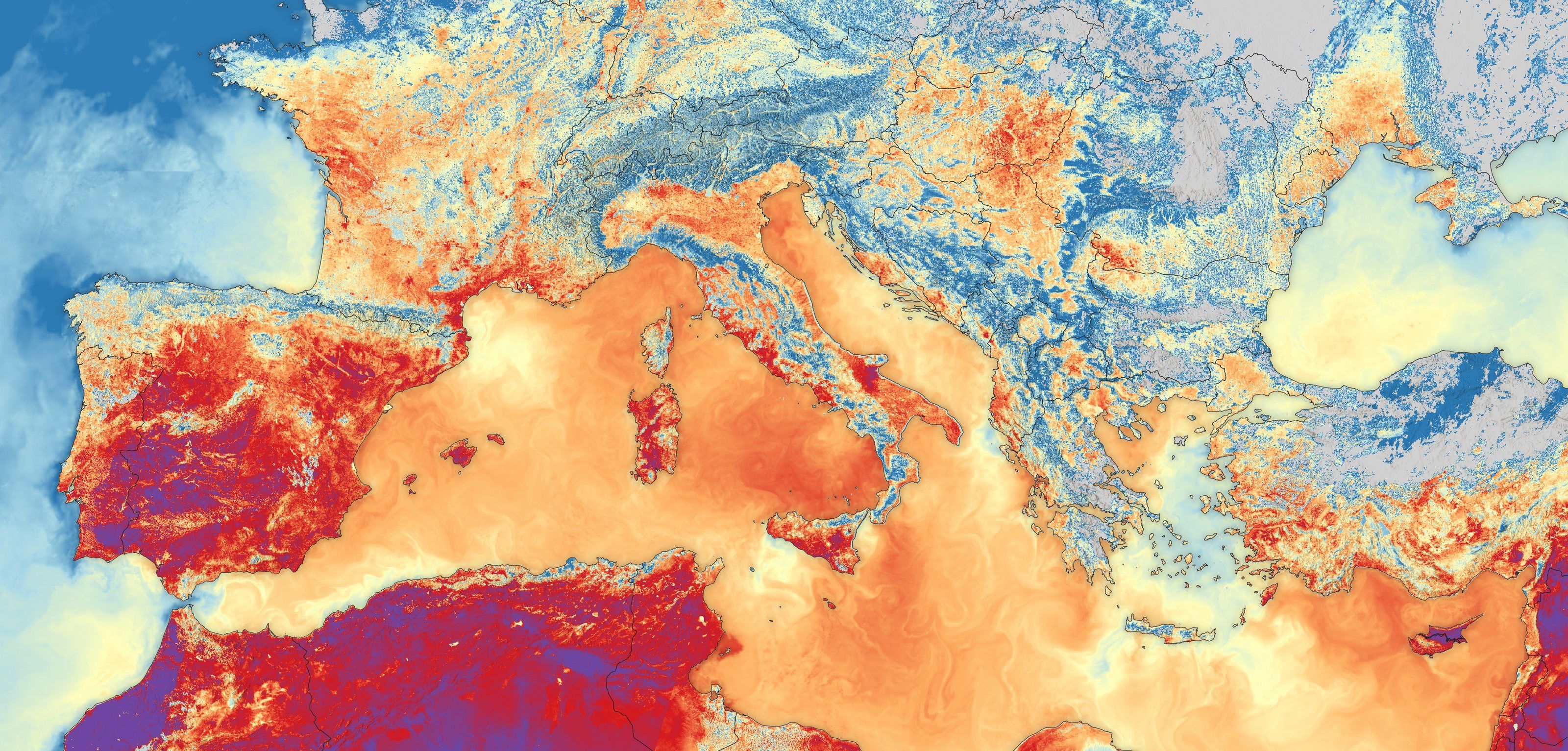 Land and sea surface temperature across a basin, 1 km